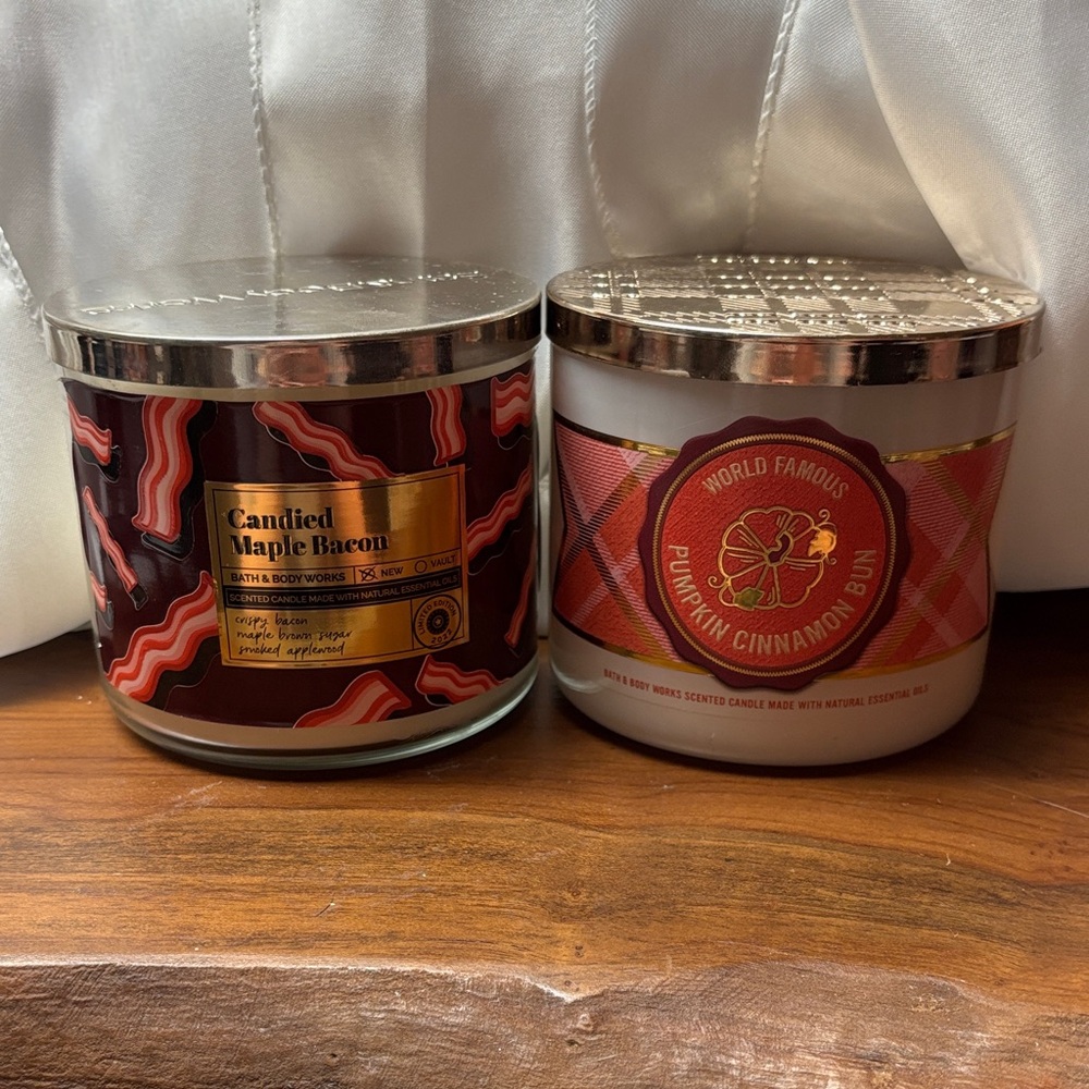 Bath & Body Works Candies Maple Bacon and Pumpkin Cinnamon Bun 3-wick Candles